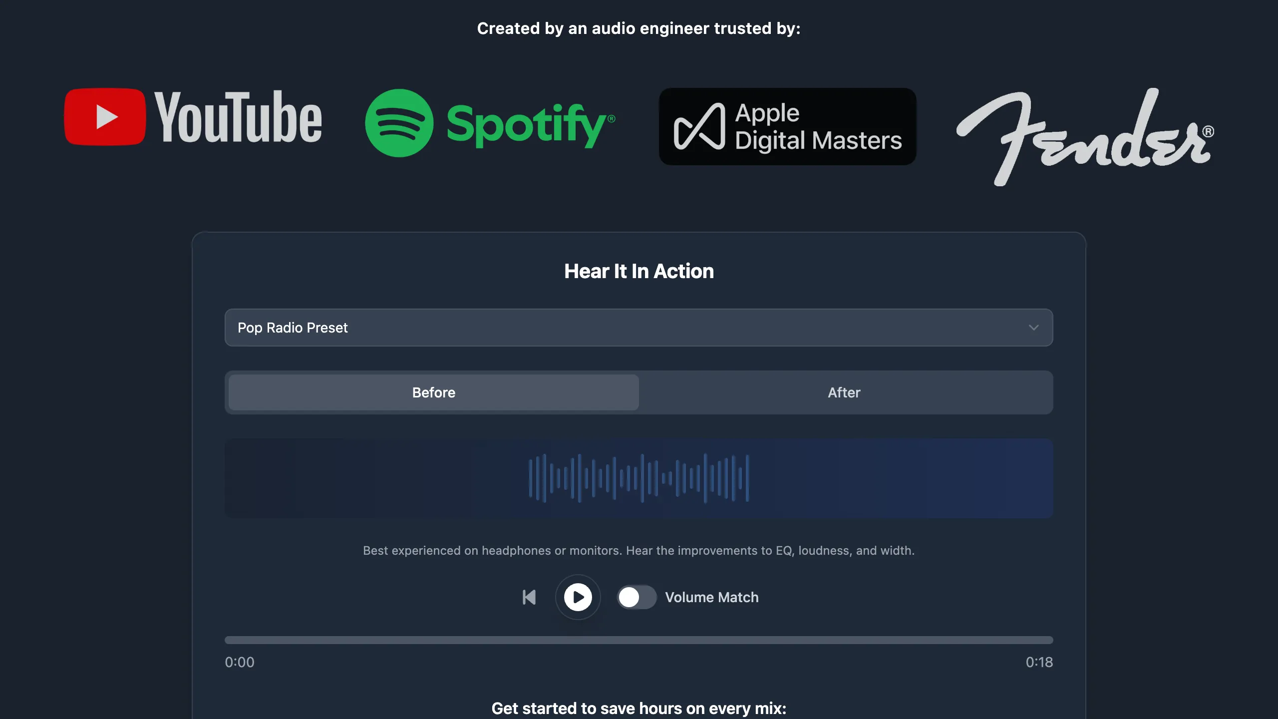 PeakMastering app screenshot showing trusted-by logos