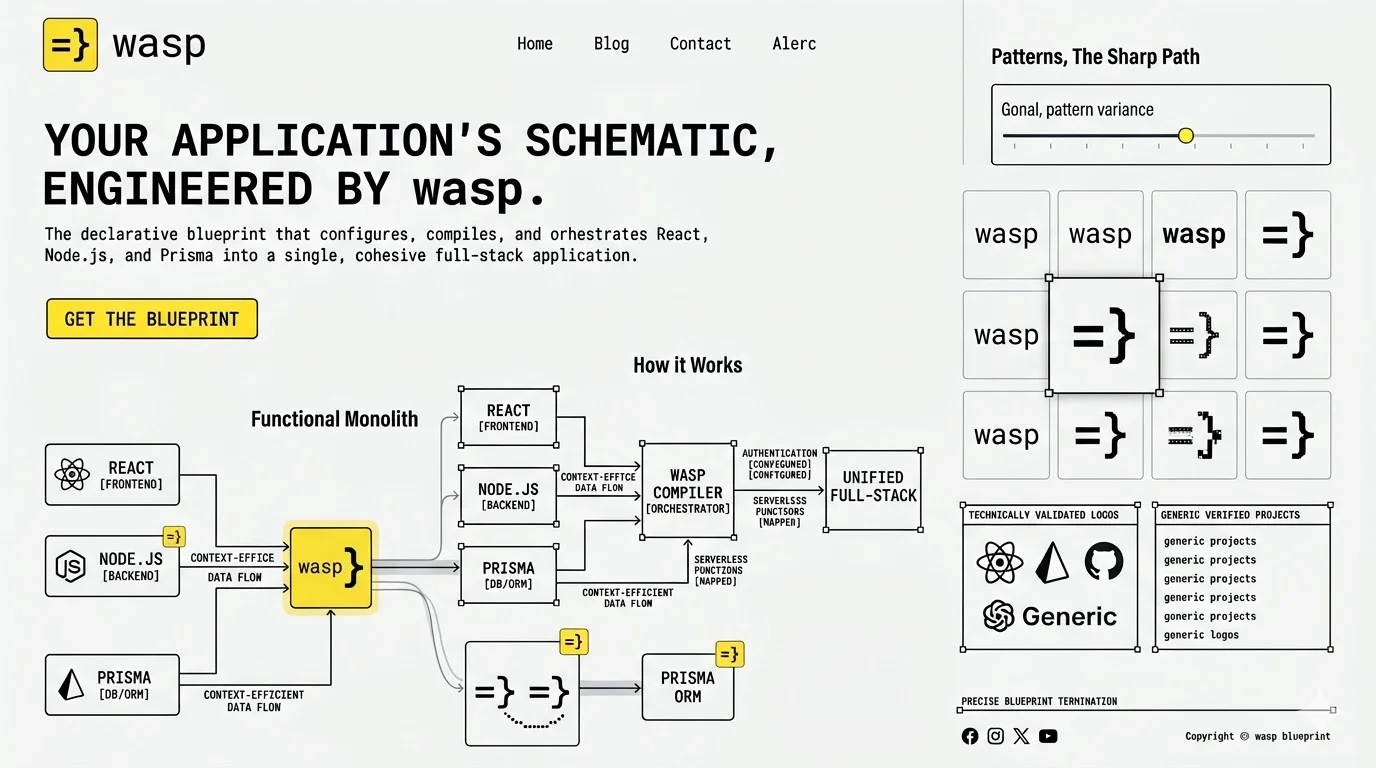An early Wasp landing-page mockup prompted by Matija through Nano Banana: a blueprint-paper hero 'Your application's schematic, engineered by wasp', a 'Functional Monolith' system diagram, and a 'Patterns, The Sharp Path' sidebar exploring squared =} logo variants